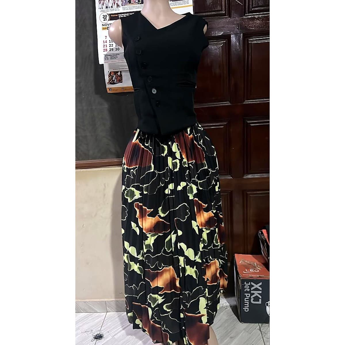 Black Top and Patterned Maxi Skirt Set