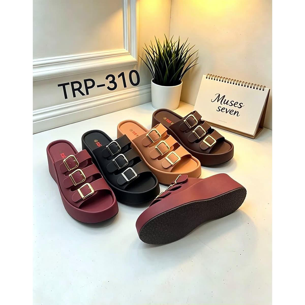 Ladies Double-Buckle Slide Slippers